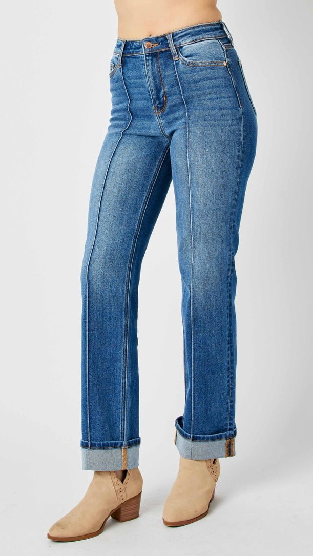 Felon High Waist Front Seam Detail Cuffed Straight Denim Jeans