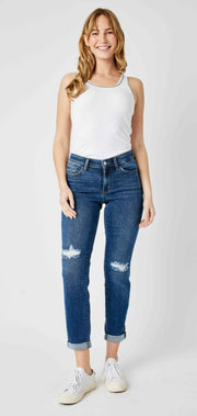 Foolin' Mid Rise Slim Fit Rolled Cuff Ankle Crop Jeans With Destroyed Knees