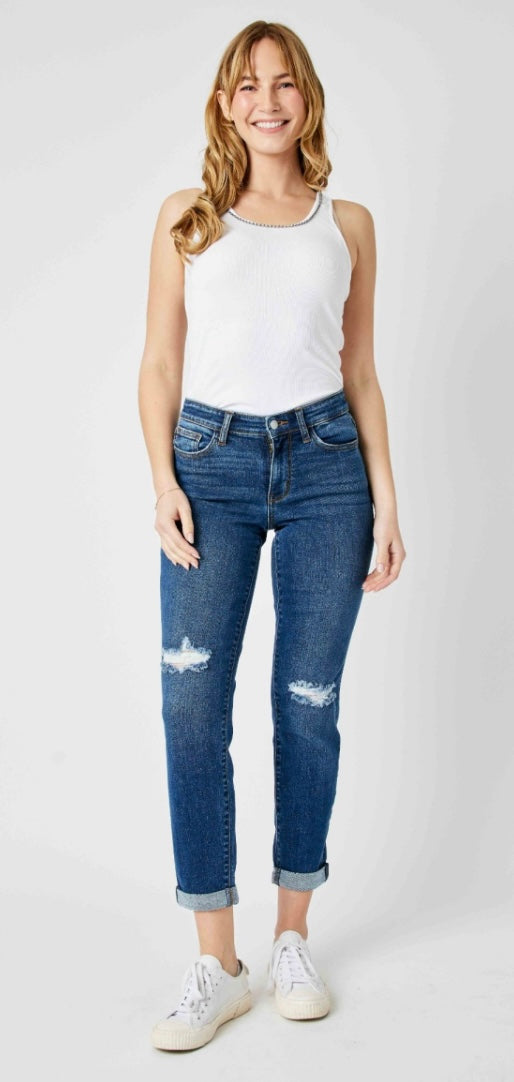 Foolin' Mid Rise Slim Fit Rolled Cuff Ankle Crop Jeans With Destroyed Knees