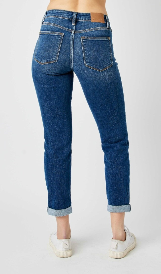 Foolin' Mid Rise Slim Fit Rolled Cuff Ankle Crop Jeans With Destroyed Knees