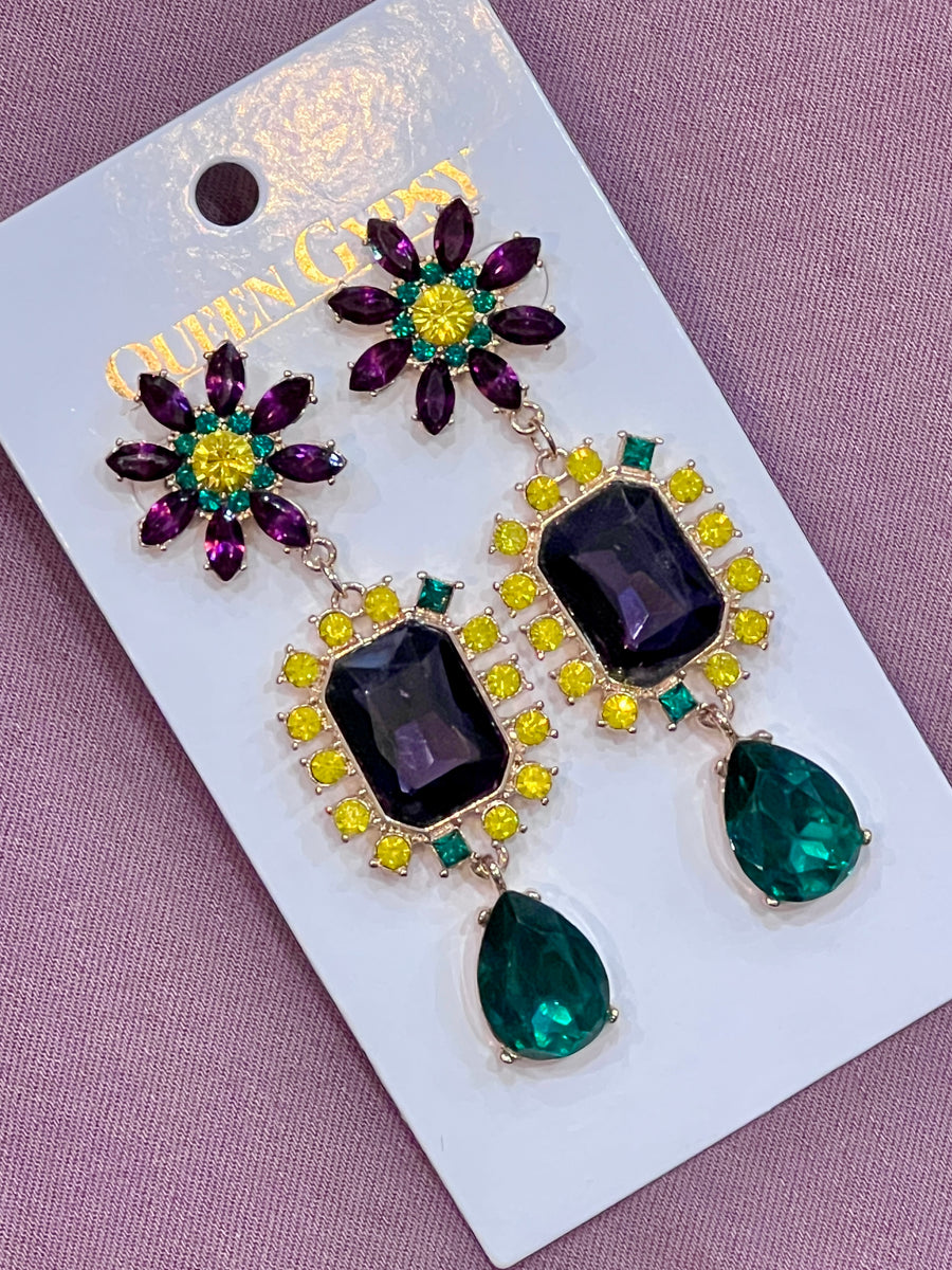 Mardi Gras Drop Statement Crystal Earrings by Queen Gypsy
