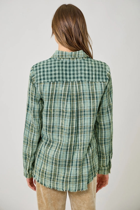 Gabriel Fringe Detail Washed Plaid Button Front Shirt