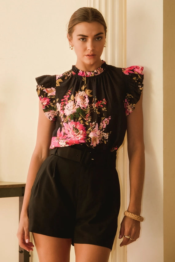 Charlene Sleeveless Ruffle Trim Floral Print Blouse