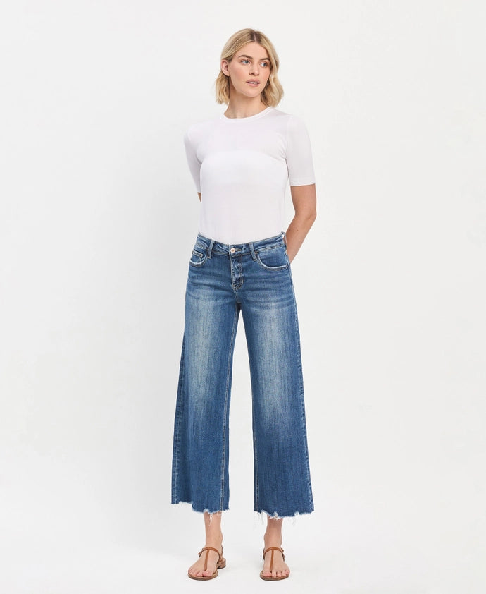Bad Romance Mid Rise Ankle Wide Leg Distressed Hem Jeans