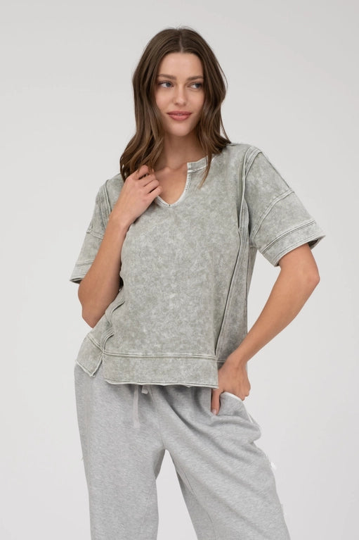 Elyse Mineral Washed Split Neck Short Sleeve Top