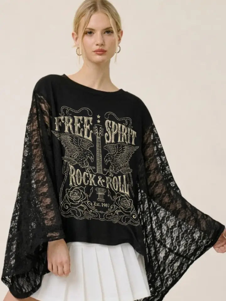 Free Spirit Rock & Roll Est. 1987 Lace Kaftan Tee