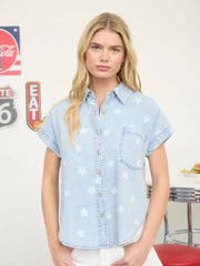 Lucky Stars Print Washed Denim Collared Shirt