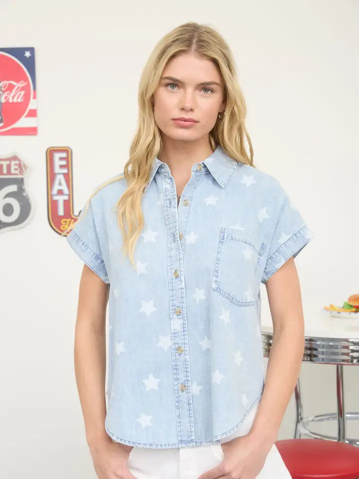 Lucky Stars Print Washed Denim Collared Shirt