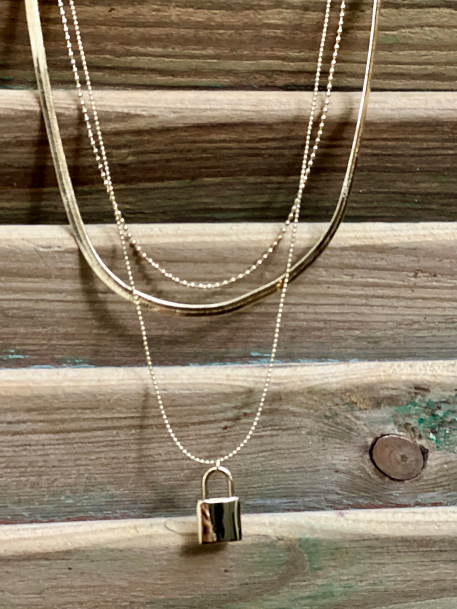 Gold Herringbone Multi Layer Necklace with Lock Charm