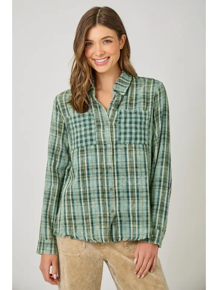 Gabriel Fringe Detail Washed Plaid Button Front Shirt