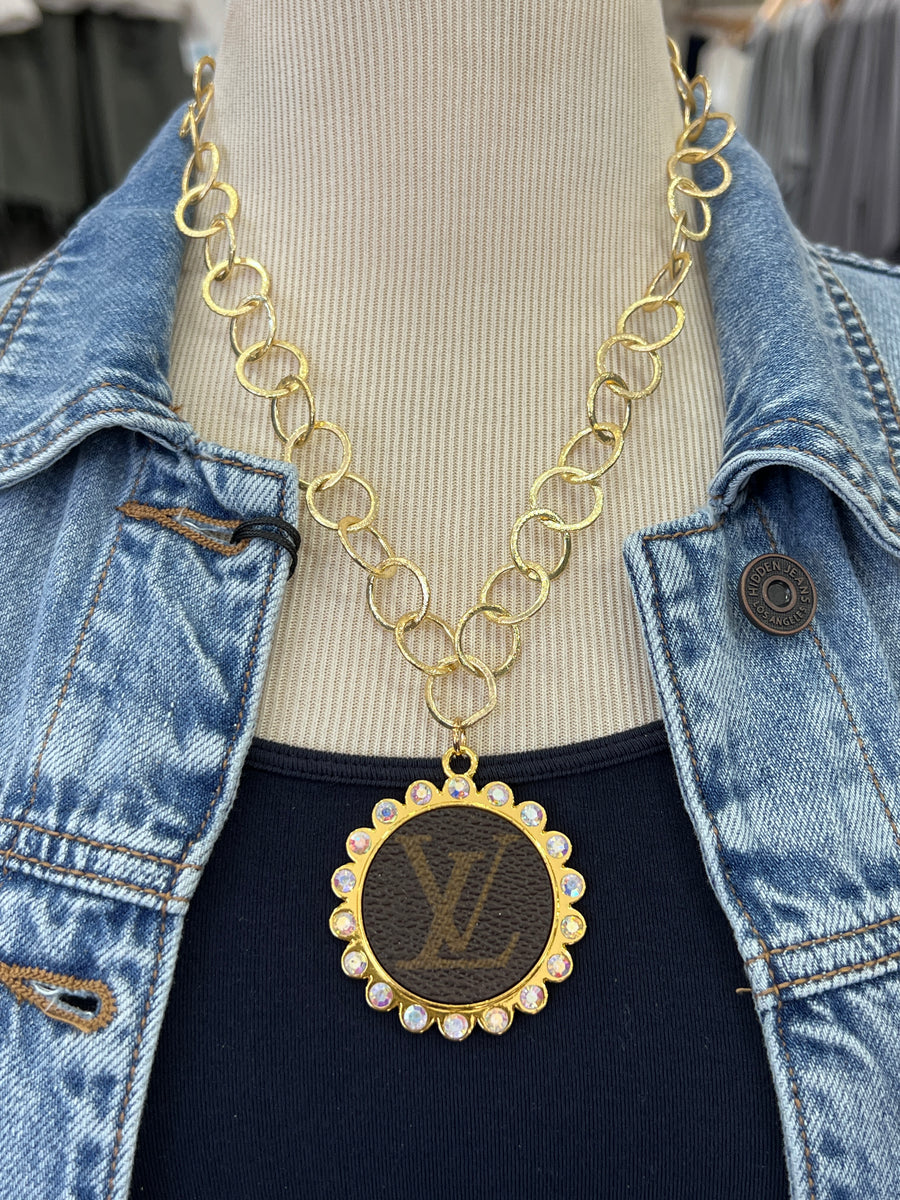 "Charming" Upcycled LV Large "LV" Bling Round Dangle Charm Necklace