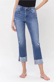 Bowie High Rise Straight Leg Crop Denim Jeans with Rolled Cuffs