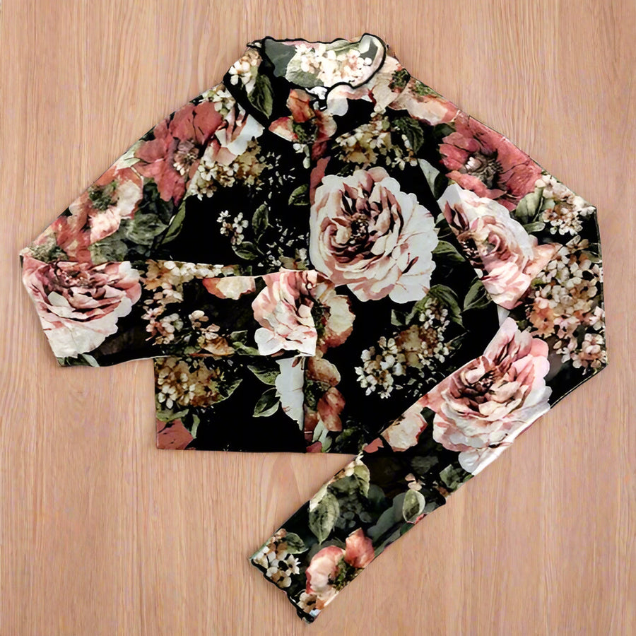 Delia Floral Semi-Sheer Long Sleeve Mesh Top