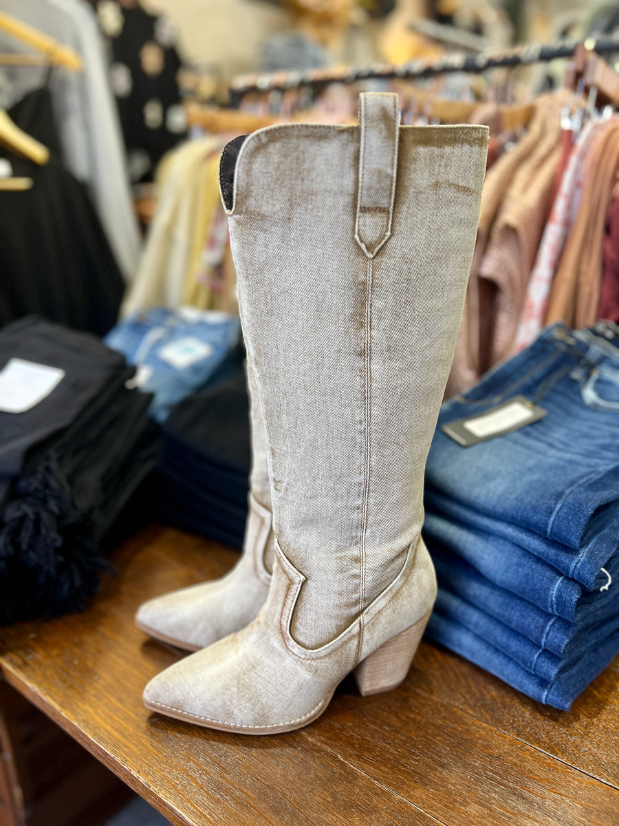 Hey Girl by Corkys "Talk Is Cheap" Washed Beige Denim Tall Boots