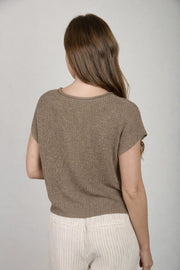 Alana Split Neck Cap Sleeve Ribbon Knit Pullover