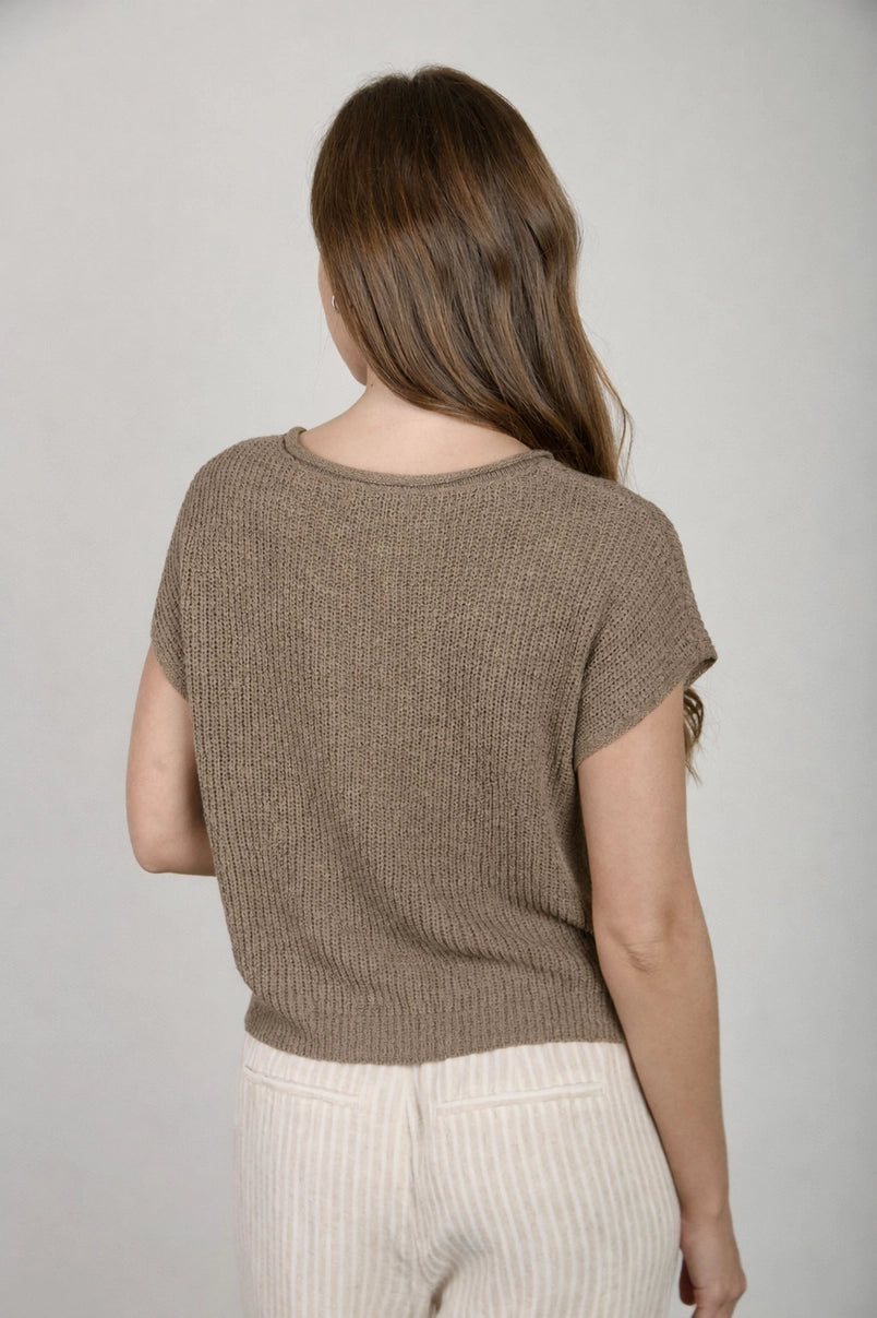 Alana Split Neck Cap Sleeve Ribbon Knit Pullover