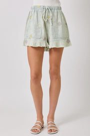 Desirae Embroidered Washed Cotton Gauze Ruffle Shorts