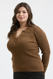 Evelia Collared Gold Snap Long Sleeve Knit Top