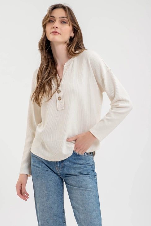 Truly Half Button V-Neck Long Sleeve Sweater Knit Top