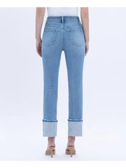 Hollywood BLING High Rise Rhinestone Cuffed Slim Straight Ankle Cropped Jeans