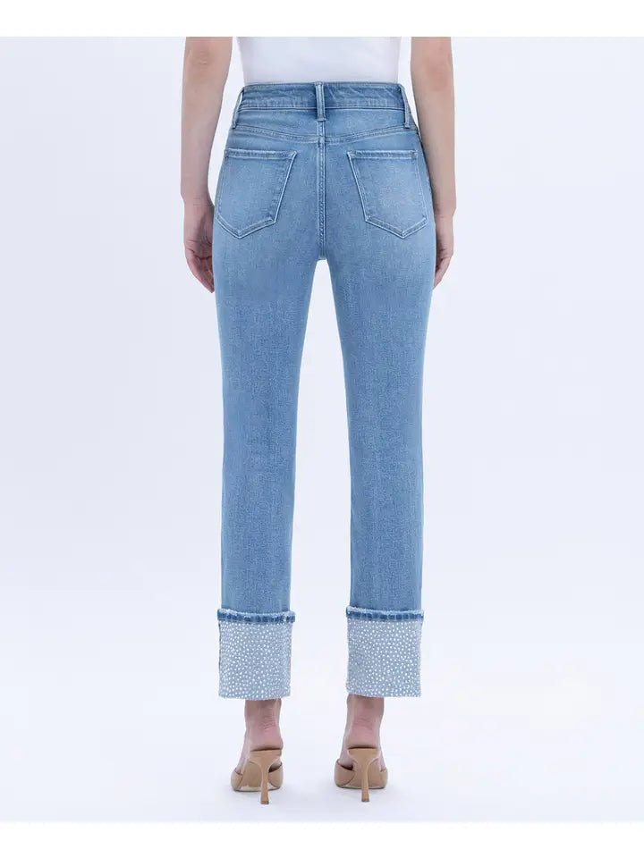 Hollywood BLING High Rise Rhinestone Cuffed Slim Straight Ankle Cropped Jeans
