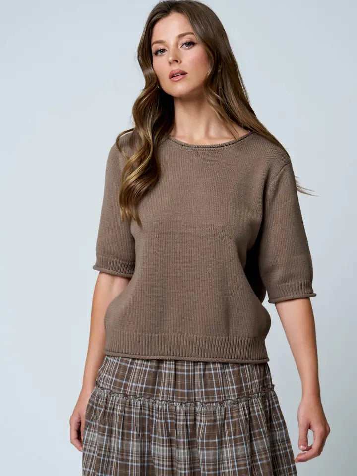 Cole Raw Edge Half Sleeve Sweater Knit Top
