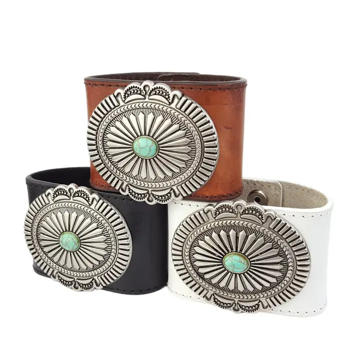 Western Concho Wide Leather Cuff Bracelet