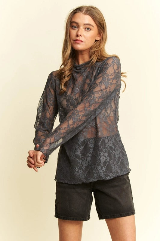 Sheer Lace Floral Mock Neck Long Sleeve Top