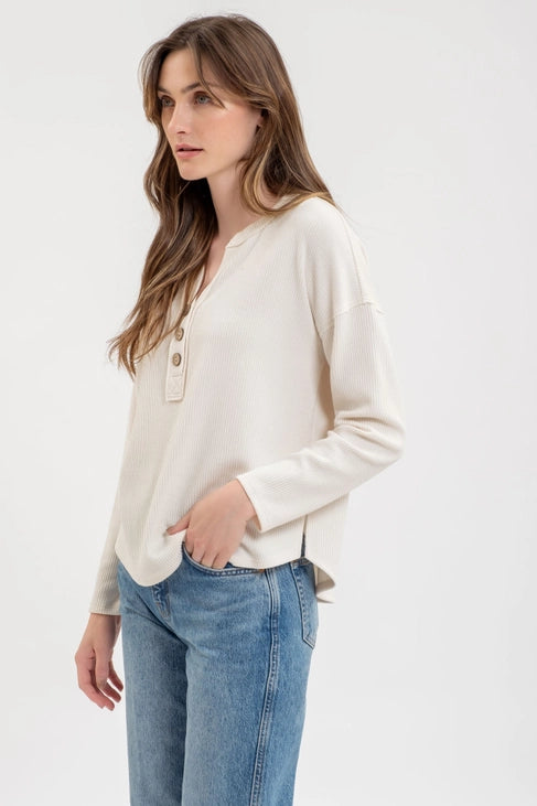 Truly Half Button V-Neck Long Sleeve Sweater Knit Top