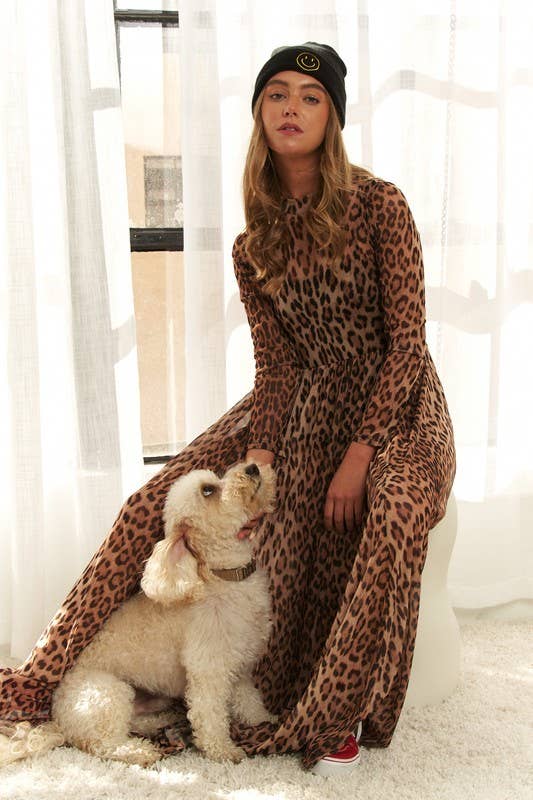 LEOPARD PRINT MESH MAXI DRESS: MOCHA BROWN / S