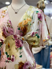 Josie Floral Print Satin Deep V-Neck Empire Waist Midi Dress