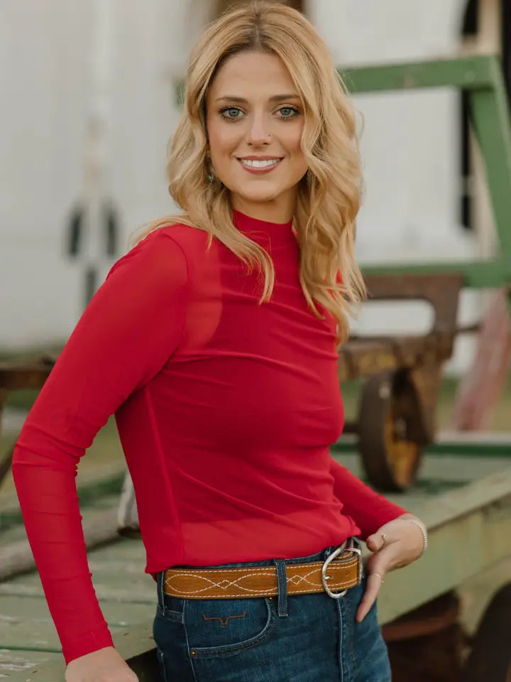 Meshed Out Red Mesh Long Sleeve Top