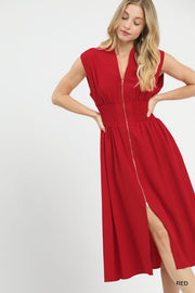 Lady in Red V-Neckline Smocked Waist Midi Dress