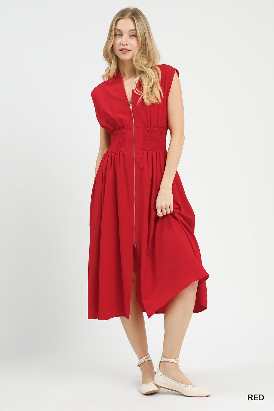 Lady in Red V-Neckline Smocked Waist Midi Dress
