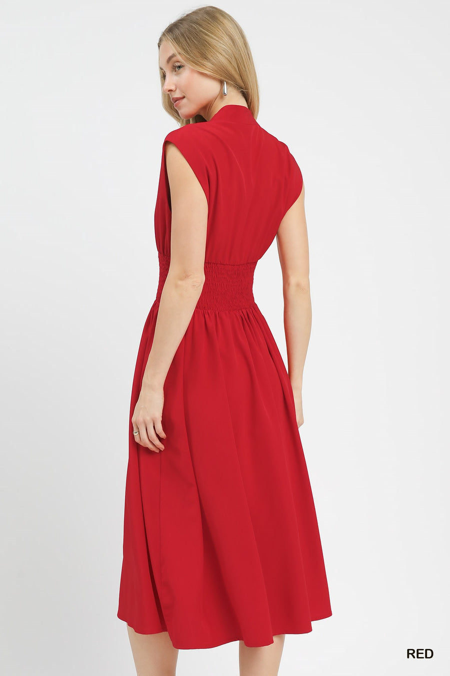 Lady in Red V-Neckline Smocked Waist Midi Dress
