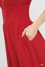 Lady in Red V-Neckline Smocked Waist Midi Dress