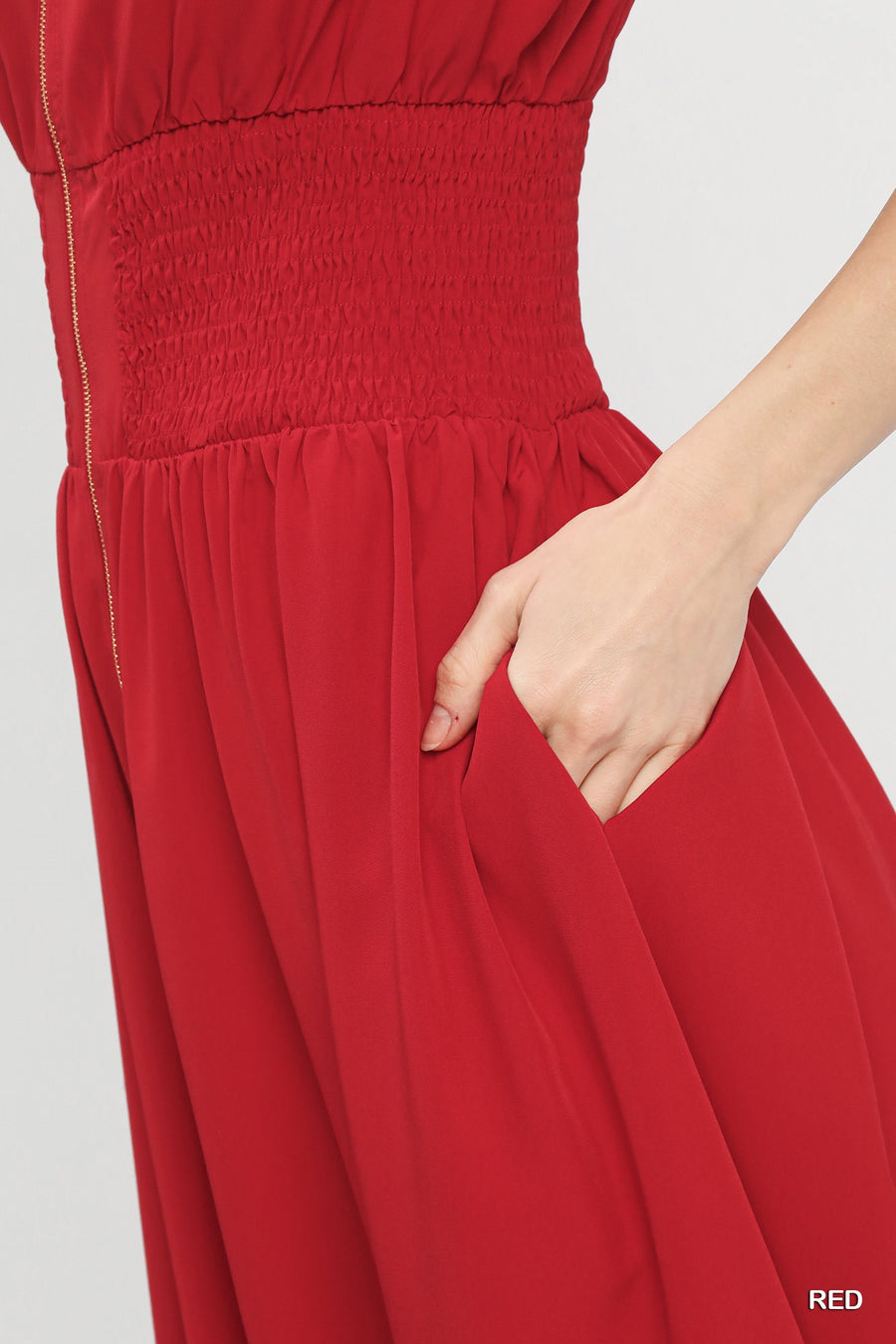 Lady in Red V-Neckline Smocked Waist Midi Dress