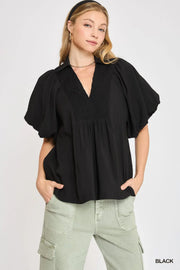 Roman Bubble Sleeve Smocked V-Neck Tunic Top