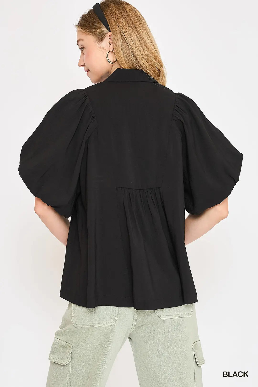 Roman Bubble Sleeve Smocked V-Neck Tunic Top