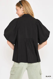 Roman Bubble Sleeve Smocked V-Neck Tunic Top