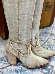 Hey Girl by Corkys "Talk Is Cheap" Washed Beige Denim Tall Boots