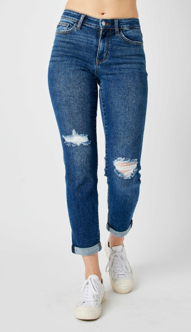 Foolin' Mid Rise Slim Fit Rolled Cuff Ankle Crop Jeans With Destroyed Knees