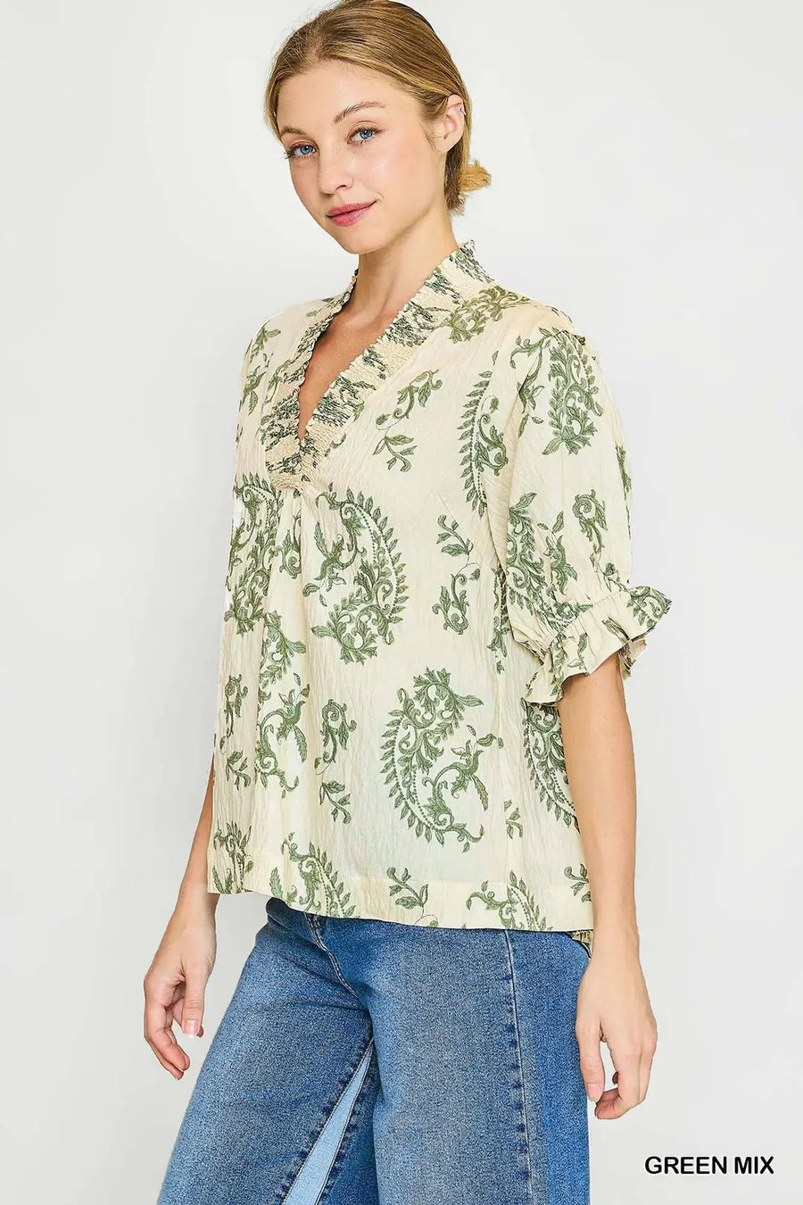 Romantic Paisley Smocked V-Neckline Top