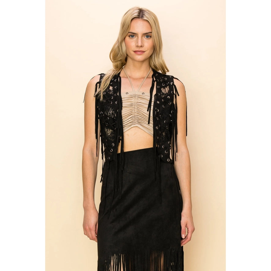 Saloon Lace & Eyelet Fringe Mini Vest