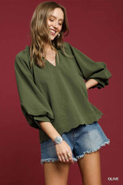 LaShea Puff Sleeve V-Neck Textured Blouse Top