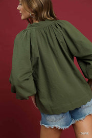 LaShea Puff Sleeve V-Neck Textured Blouse Top
