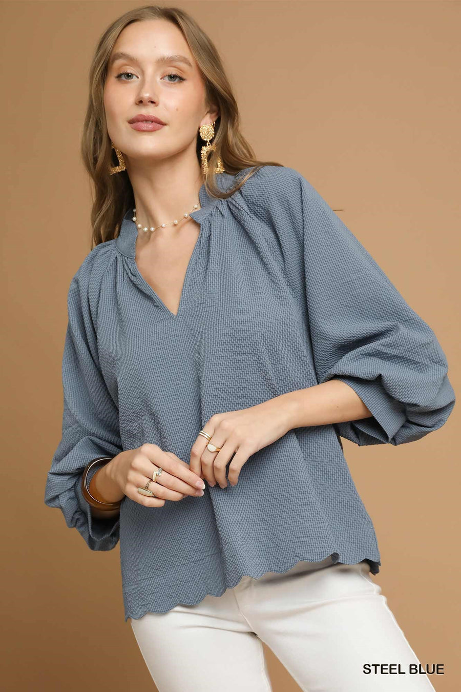 LaShea Puff Sleeve V-Neck Textured Blouse Top