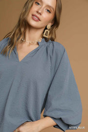 LaShea Puff Sleeve V-Neck Textured Blouse Top