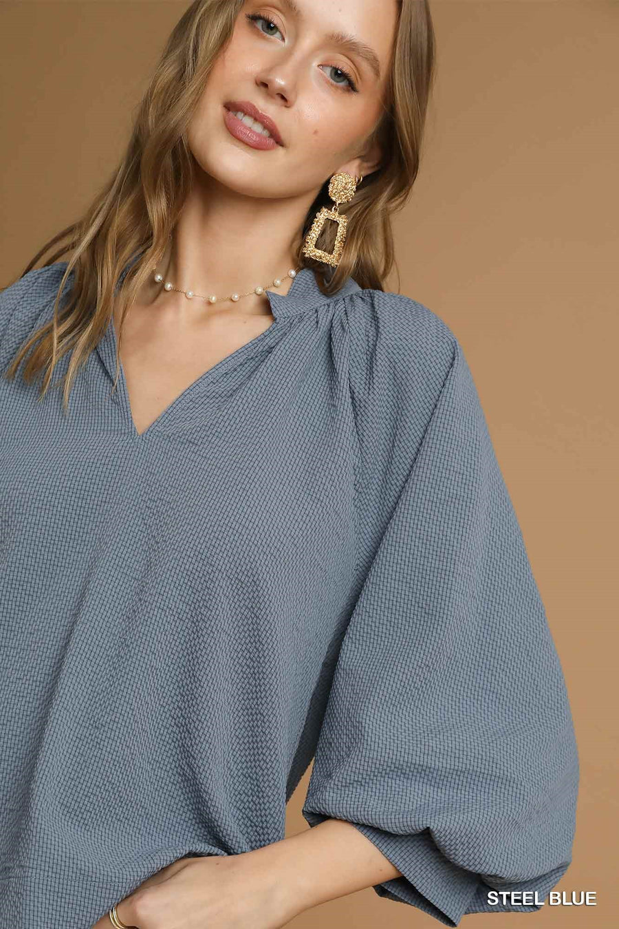 LaShea Puff Sleeve V-Neck Textured Blouse Top
