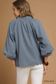 LaShea Puff Sleeve V-Neck Textured Blouse Top